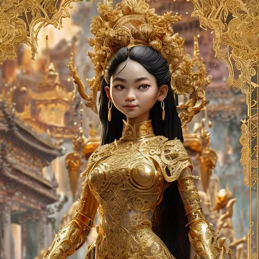 Prompt: A highly detailed ((full-length shot) (gold marble sculpture statue) of a (woman with). ((+Hyperrealistic)), (+dress), +concept art, +low shot, ((+intricately detailed, +highly detailed)), +dramatic, +side light, +plain background, +caring, +happy, +smiling, +aodai vietnam, 