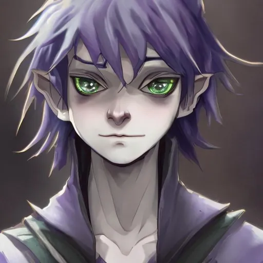 Prompt: In realistic style. Young male elf, with pale white skin, that has slight blue tint. He has very short but messy purple-black hair. His face is small and round, with childish features. His eyes are  large with silver irises. He is very slender but short. He wears leathers, in dark purple hues, with the sheen of a beetle's carapace.