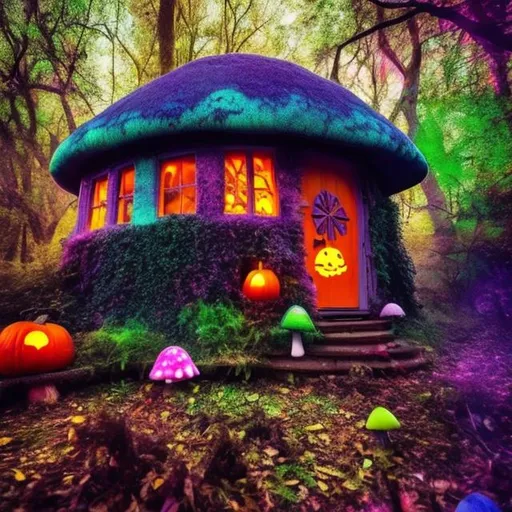 Prompt: Psychadelic mushroom trip small cottage in the woods halloween
