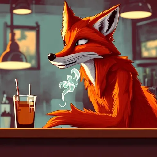 Prompt: Red Anthro fox, smoking a cigarette at a bar counter