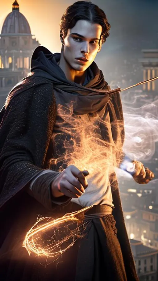 Prompt: Cosmic Epic, Mistborn male, (long black hair, black robe), holding a stick with shining light. background of the city of Rome at night. the smoke effect covers the book, the cigarette effect spreads, the colorful particles spread. 8k --ar 3:2 - high resolution and video recording --ar 3:2 --v 5 --upbeta --v 5 -- screen space reflection -- diffraction gradation -- chromatic aberration -- gigabyte displacement - - - - Line Scan - Ambient Occlusion - Anti-Aliasing FKA - TXAA - RTX - SSAO - OpenGL-Shader's - Post-Processing - Post-Generation - Cell Shader - Path Mapping - CGI - VFX - SFX - Insanely Instract Details - - Ultra Max- -Beautiful--Dynamic