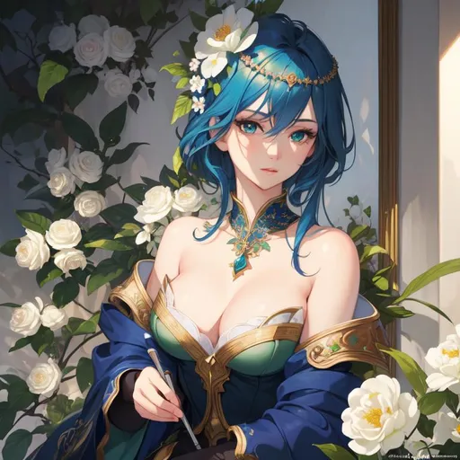 Prompt: Masterpiece, illustration, best quality:1.2), 1girl, solo, blue hair, dignfied, finely detailed, detailed face, toned face, beautiful detailed eyes, beautiful detailed shading, beautifully detailed background, emerald green eyes, flowers everywhere, flower inspired,