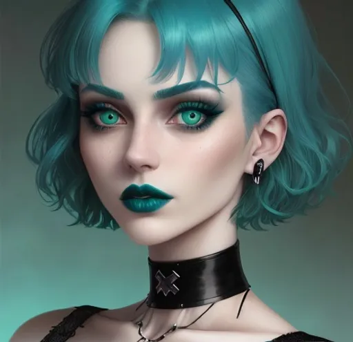 Prompt: Teenaged girl, pale, goth, mature, short hair, realistic, detailed, teal hair, blue lips, green eyes, choker 