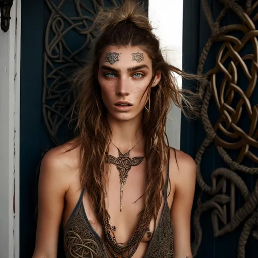 Prompt: hyperealistic photo of barechested Barefoot dark haired Greek female model with braided hair and Celtic rune tattoos  hangs out at beach house .