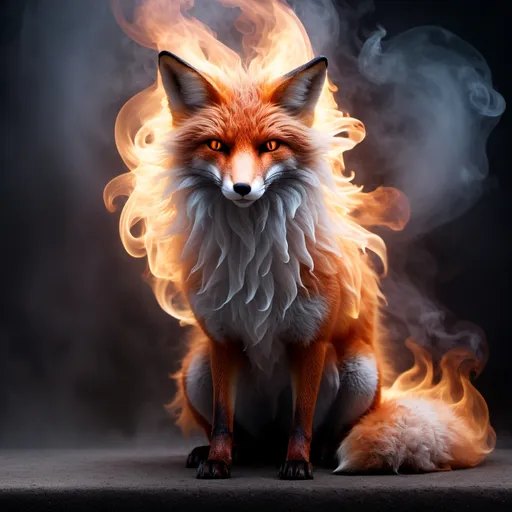 Prompt: Transparent ghostly fox spirit made of smoke and fire, wisps of smoke, Fumes from his tail, Whiff, Mist, volumetric smoke, translucence, transparency, see thru, hyper-detailed, dark background, mystical, ethereal, wispy, fiery, haunting, atmospheric lighting