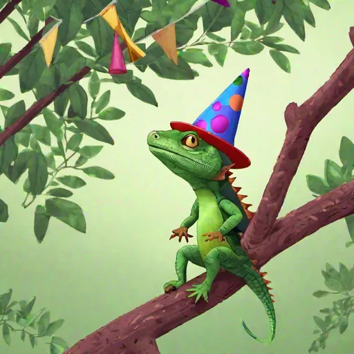 Prompt: A lizard on a tree wearing a party hat
Animated