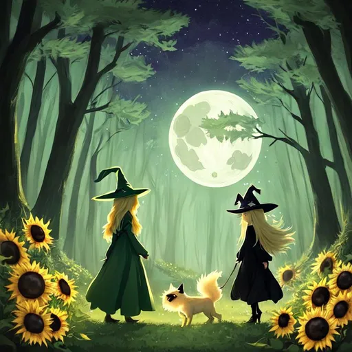 Prompt: witch with long blonde hair, walking in a dark green forest, wearing witch hat, white dog, aesthetic, fairycore, disney, pixar, moon, stars, witchcraft, in a dark starry sky, clouds, beautiful, etheral, sunflower, award winning illustration, artstation, highres