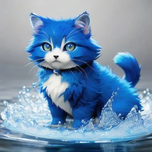 Prompt: Cute, blue, fluffy, liquid cat, possessing the element of water and making it move around itself. Perfect features, extremely detailed, realistic. Krenz Cushart + loish +gaston bussiere +craig mullins, j. c. leyendecker +Artgerm.