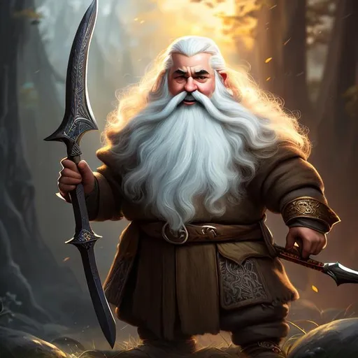 Prompt: Please produce a painted portrait of a bearded Tolkien dwarf wielding a double bladed broad axe, intricate, elegant, highly detailed, digital painting, art station, concept art, smooth, sharp focus, illustration, laughing