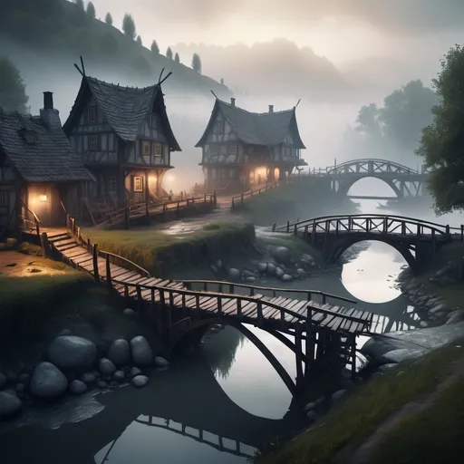 Prompt: small settlement, foggy, bridge and river, dramatic fantasy settlement scene, cinematic lighting