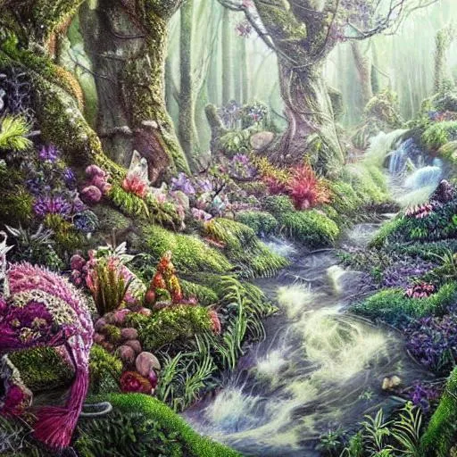 Prompt: Realistic magical forest, very detailed, intricate, stunning, romanticism, flowers
