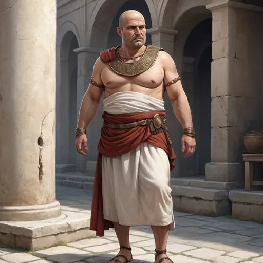 Prompt: Full body, Fantasy illustration of a male roman slave, 50 years old, chubby, male pattern baldness, simple traditional garment, cowardly expression, high quality, rpg-fantasy, greek town