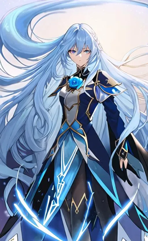Prompt: light blue hair, long hair, blue rose, gold eyes, black tights, light blue blouse, blue plume, flowing cape, Genshin Impact, Eula Lawrence