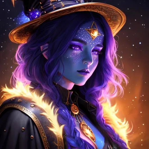 Prompt: oil painting, UHD, 8K, Very Detailed, A beautiful D&D Circle of Stars Druid, full body character portrait, dark fantasy, detailed, realistic face, digital portrait, fiverr dnd character, blue skin, bright tattoos of stars on her face and hands, Wearing a Witch's robe, Leather armor, and Witch's Hat with the underside of the Hat having a star pattern on it. 