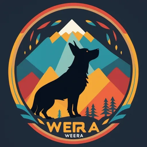 Prompt: (Logo design), (accurately spelled text "Wera"), (dog silhouette) intertwined with (Colombian Indigenous history), featuring (majestic mountains) as the backdrop, vibrant yellow, light red, deep blue, teal color palette, bold and modern aesthetic, sleek lines, harmonious composition, emphasizing cultural heritage and memorable design, suitable for branding.