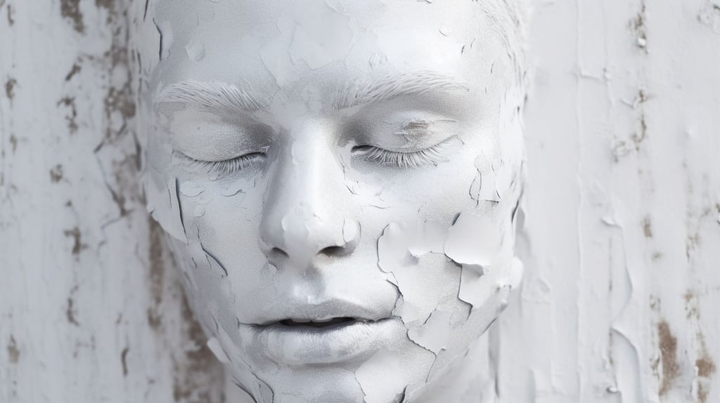Prompt: white metallic humanoic face emerge from the white paint