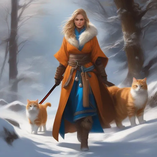 Prompt: {{{{highest quality concept art masterpiece}}}}, front view, D&D, Very detailed realistic painting. fantasy cleric priest anthropomorphic ((orange)) cat, ((blue eyes)), long brown-blond braided hair, sheathed katana, in long brown furry coat, in winter environment, fighting pose, martial art,