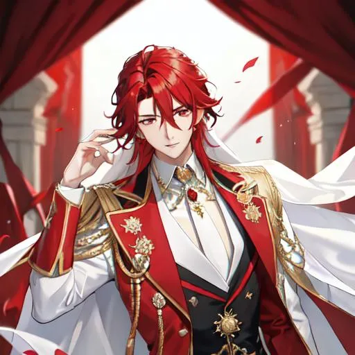 Prompt: Zerif 1male (Red side-swept hair covering his right eye) wearing a royal suit, white shawl, wedding