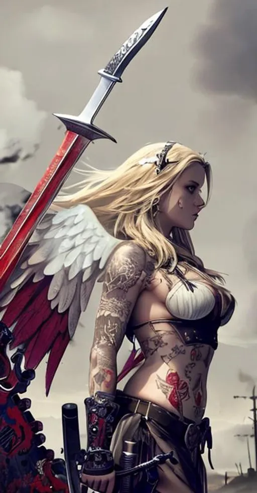 Prompt: Beautiful viking angel female tattoos, strong apocalyptic, swords, guns, axes, anatomical, colorful, gothic, mech, hazardous waste, explosions, war in background 