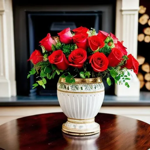 Prompt: A portrait of a decorative vase of flowers sitting on a table in front of a fireplace
