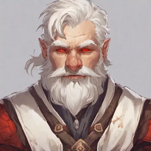 Prompt: Young male dwarf, red eyes, short beard, white hair, smith, cleric, confident, soft smile, kind, side shade, hammer