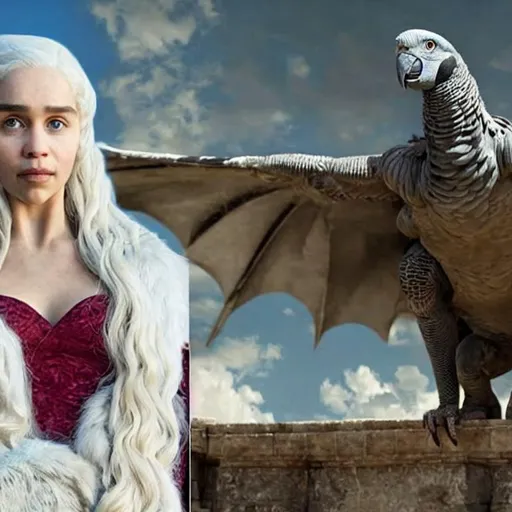 Prompt: Wide shot of Daenerys Targaryen, next to a next to a giant, hyper-realistic rendering of a Timneh-African-Grey parrot 