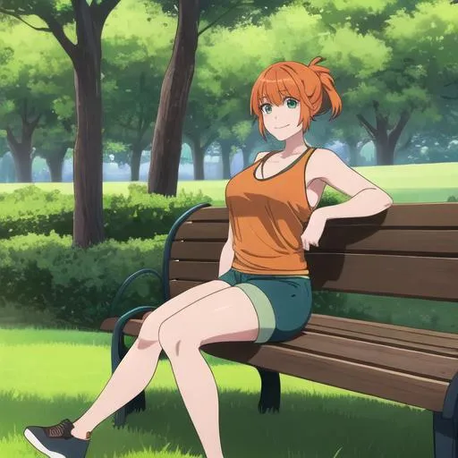 Prompt: a woman sitting on a park bench smiling, huge chest, orange ponytail, short bangs, green eyes, solo, lush grass, public park, trees, shorts, thin tank top, masterpiece