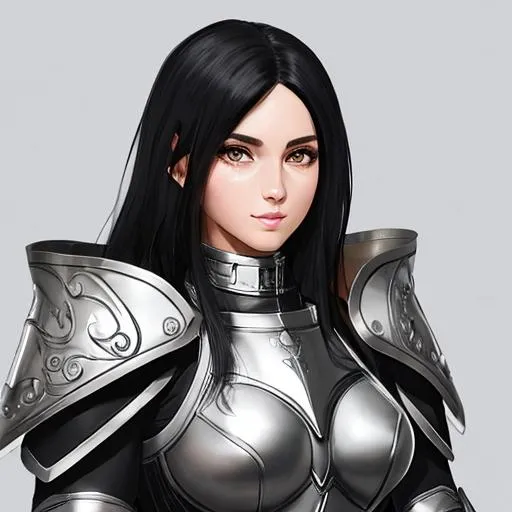Prompt: Digital art of a female mage with black hair and brown eyes in silver plate armor, shield in her left hand, highly detailed, full body