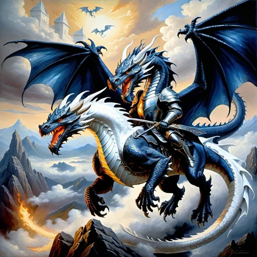 Prompt: many Dragon riders Chivalric Knights in realistic oil painting, flying through the sky in combat with each other, majestic white dragons with vibrant white scales and fur, white ethereal wings, flowing white hair, fierce expression, mythical landscapes, high fantasy, Dragon riders Chivalric Knights in realistic oil painting, flying through the sky in combat, majestic Black dragons with vibrant  dark blue metallic scales, dark ethereal wings, flowing, fierce expression, mythical landscapes, high fantasy, oil painting, vibrant colors, epic scale, detailed armor, stunning face, atmospheric lighting, professional, highres, fantasy, oil painting, dragon rider's Knights, flying, majestic, Dragon's face is bearded, ethereal, fierce expression, pale colors, high fantasy