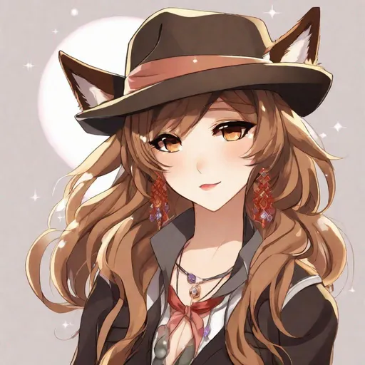 Prompt: Your OC is a small-framed glamrock wolf, with deep-set light brown eyes. They identify as female, and have a monotonous voice. As an accessory, they have a hat, and they can be seen wearing ribbons. Anime style