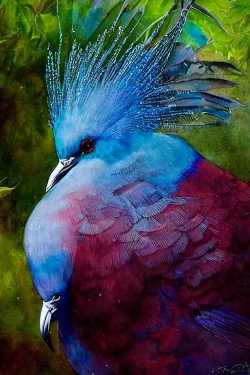 Prompt: majestic Blue Crowned Pigeon Watercolors wet. Iridescent colors. By Ivan Jean-Baptiste Monge, Ernst Haeckel, victo ngai, wlop, Johan messely, Robert Bissell, andreja peklar,  Anna Dittman, esao Andrews, Enki Bilal. Highly detailed, best quality. Cinematic smooth. Polished finish. Spring garden background 