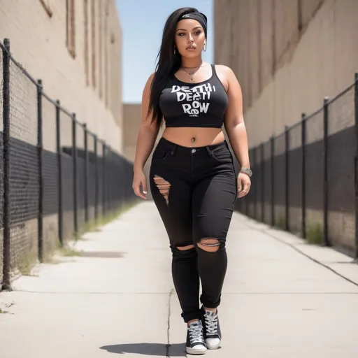 Prompt: Beautiful Gorgeous attractive woman walking down death row prison, detailed clothing, wearing black crop top black jeans thick lady lumps Curvy body, tanned skin, pretty face, realistic, natural lighting, revealing skin black bandana tied
Around chest showing off her black hi top sneakers Curvy body skin revealing crop top thighs thick