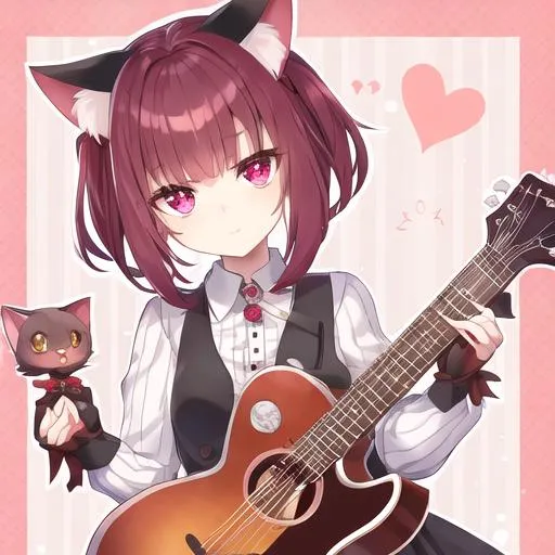 Prompt: Your OC is a small-framed classic cat, with childlike garnet eyes. They identify as female, and have a sweet voice. As an accessory, they have 4 buttons, and they can be seen holding a guitar.