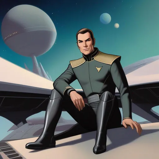 Prompt: a young muscular scifi elf starfleet admiral from vulcan, with short brown slicked back hair and elven pointed ears. pale skin, pointy elvish ears, slanted romulan eyebrows, 35 years old. He wears a 22th century retro futuristic black space coat. grey pants. black boots. in background is a spaceport. he is sitting next to a holographic desk surrounded by petty officials and starship captains in anthracite uniforms. rpg. rpg art. 2d art. 2d. comic art, comics art, very well drawn faces. extremely detailed.