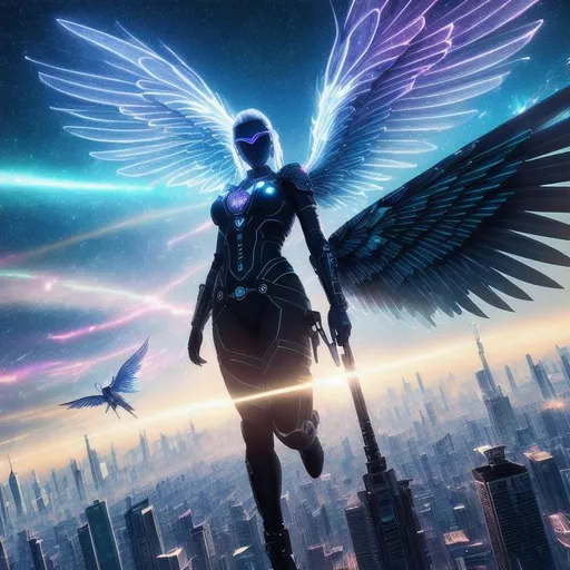 dystopian city, cyberpunk city, winged, fairies flyi... | OpenArt