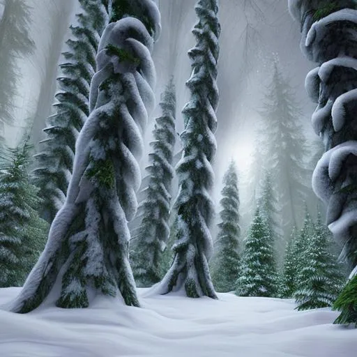 Prompt: A dark horrifying snowy hyper realistic forest with bushes 
