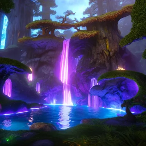 Prompt: Envision a glowing waterfall in a lush forest. Fantasy, another dimension. Hyperrealistic, UHD, HD, 8K, a portal rests besides the river, a civilization 