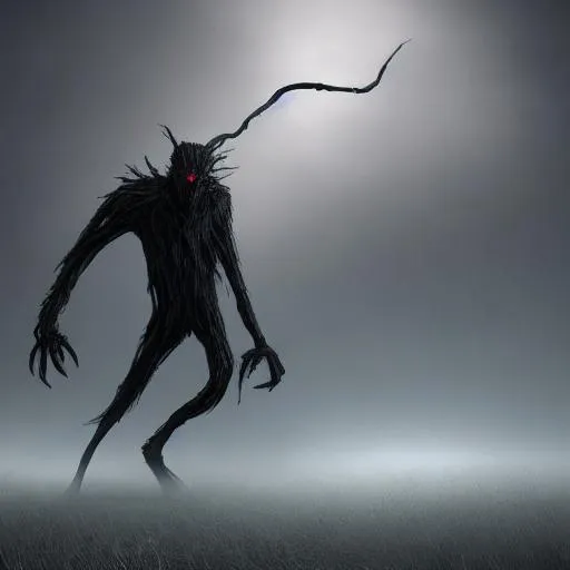 Prompt: Long Shadow monster and has long legs and arms with one glaring red eye
 creepy nightmare uhd hd 8k high quality dark theme 