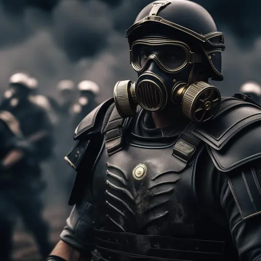 Prompt: A modern roman military male in black military roman armor, and gas mask, background war battle, Hyperrealistic, sharp focus, Professional, UHD, HDR, 8K, Render, electronic, dramatic, vivid, pressure, stress, nervous vibe, loud, tension, traumatic, dark, cataclysmic, violent, fighting, Epic