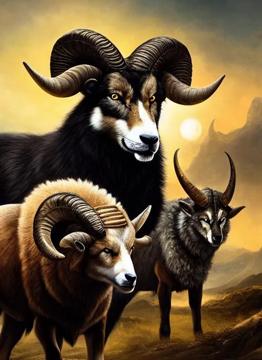 Prompt: Portrait of a ram mixed with a wolf, with black hair and huge horns, astronomy background, perfect composition, hyperrealistic, super detailed, 8k, high quality, trending art, trending on artstation, sharp focus, studio photo, intricate details, highly detailed, by Leonardo da Vinci 