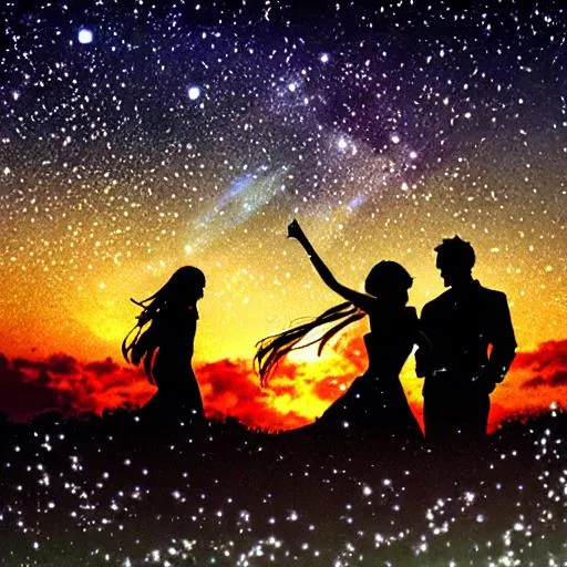 Prompt: couple dancing silhouette under the stars surrounded by nature