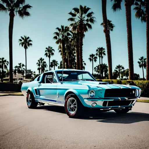 Prompt: baby blue 1967 ford Shelby gt500 in front of palm trees