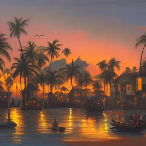 Prompt: Dusk over a tropical seaside village in oil