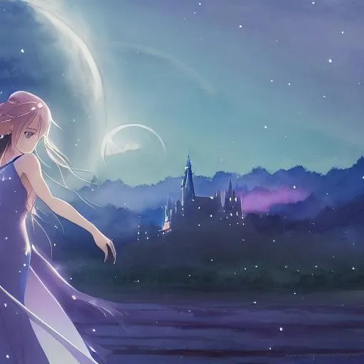 Prompt: water color painting of a woman in the night with a big moon, a burning castle in the background, wearing a long, silver dress, low light, pastel colors, by makoto shinkai, dreamy aesthetic, centered