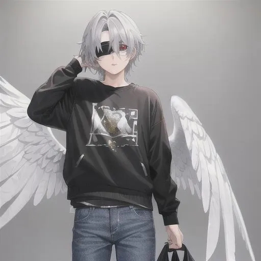 Prompt: a adorable teenage boy, with feathered wings, he is white and his wings are black he wears a pair of jeans and a jacket. he has a blindfold over his left eye his right eye is red.