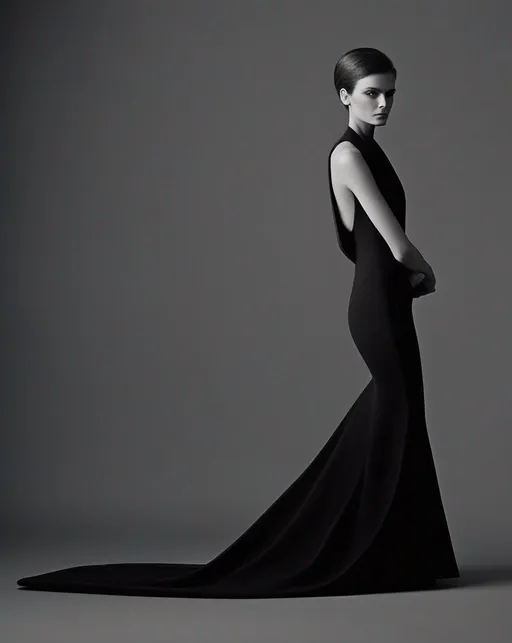 Prompt: A minimalist fashion portrait isolated against a plain grey background, placing emphasis on the graphic sculptural form of the elegant black gown, reminiscent of Irving Penn's refined studio style. Lit with refined, meticulous overhead lighting to create a clean silhouette. Shot with an 8x10 view camera and normal lens. The mood is elegant simplicity. In the style of Irvin Penn.  