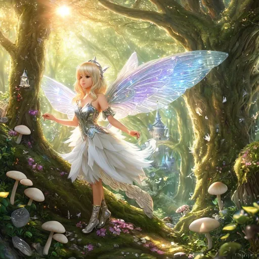 Prompt: cheerful winged fairy with silver blonde hair and fairy mushroom castle hidden in the forest, swan, sparkles, fairy dust, sunshine, cozy, soft light, detailed tree, hyper detailed, super detailed, hyper realistic, sharp focus, 8k, inspired by wlop