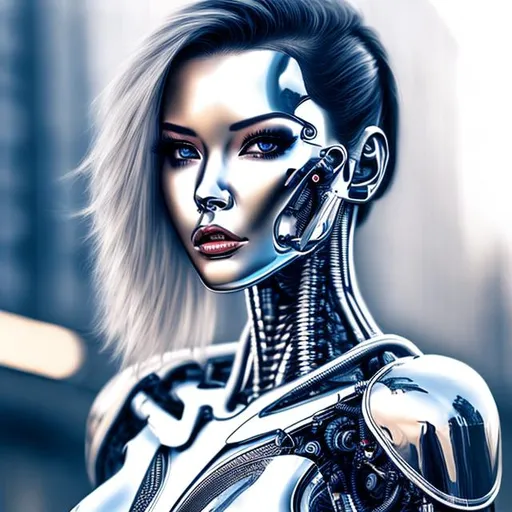 Prompt: Sexy, feminine, chrome robot, UHD, Hyper realistic, 8K, Photo, H. R. Giger style background, cyborg, female, attractive, Hajime Sorayama style robot woman,