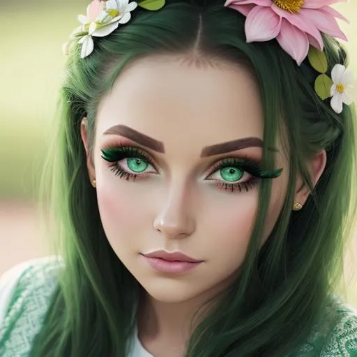 Prompt: A woman all in green, green eyes, pretty makeup, flower in hair, facial closeup