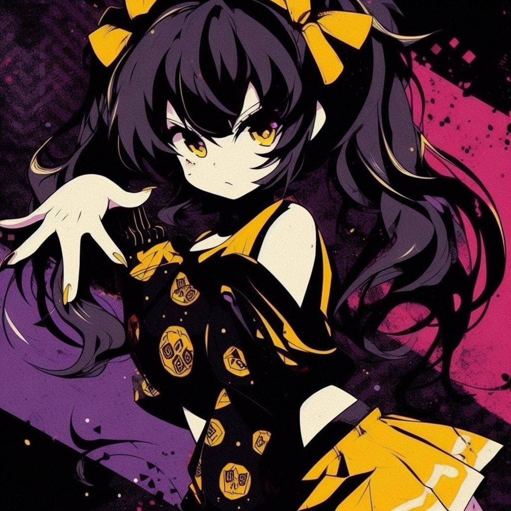 Prompt: an anime cartoon girl posing, in the style of toonami, hard edge, dark black and yellow, japanese prints, dark purple and red, jagged edges, untrained